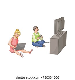 Kids using gadgets, laptop and game console, sitting on the floor, flat cartoon vector illustration isolated on white background. Portrait of teenage boy and girl playing game console and using laptop