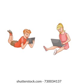 Kids using gadgets, laptop and tablet, sitting and lying on the floor, flat cartoon vector illustration isolated on white background. Portrait of teenage boy and girl using tablet and laptop computer