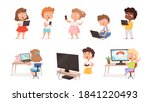 Kids using gadgets. Tablet pc smartphone laptop for children education processes future technology distance learning vector set