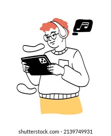 Kids using gadgets. Young guy in glasses and headphones stands with tablet. Gadget addiction, character listening to music on social media or mobile applications. Cartoon flat vector illustration