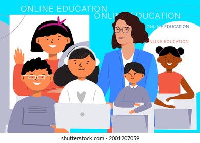 Kids using laptop for Online education at home for quarantine.Online Class.Vector. 