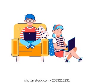 Kids using laptops for distance education, communication or entertainment. Online lessons and internet resources for children. Cartoon vector illustration isolated on a white background.