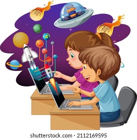 Kids using laptops with space icons illustration