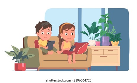 Kids using mobile phone, tablet computer at home. Girl, boy children persons sit on sofa holding smartphone cell device. Gadget addiction, leisure, communication technology flat vector illustration