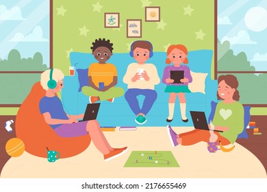 Kids Using Mobile Phones, Tablet And Laptop For Online Games And Study Vector Illustration. Cartoon Happy Friends Sitting On Couch In Home Interior Background. Internet Addiction Problem Concept