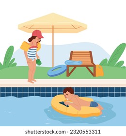 Kids using safety equipment inflatable ring and armbands in swimming pool flat concept vector illustration