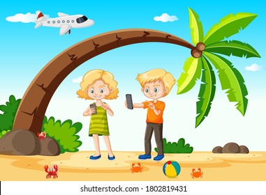 Kinder, die Smartphone während der Reise mit Strandgrafik und Hintergrundgrafik