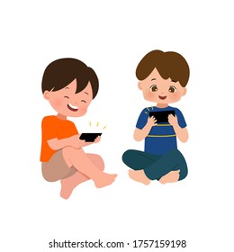 Kids using smartphone gadget to play game and watch video online. Flat vector isolated on white background.