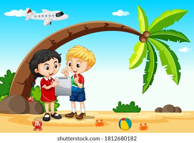 Kids Using Tablet During Travelling With Beach And Plane Background Illustration