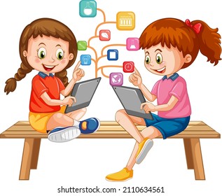 Niños con tablet con iconos educativos