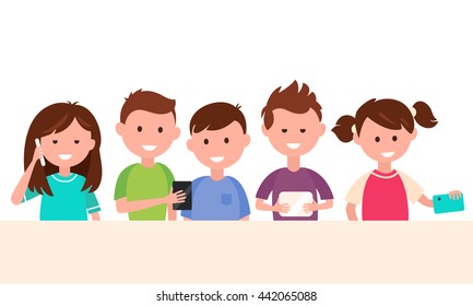 Kids Using Tech Gadgets. Children And Technology Concept Vector Illustration