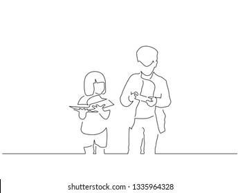Kids using technology and reading a book isolated drawing, vector illustration design. Education collection.