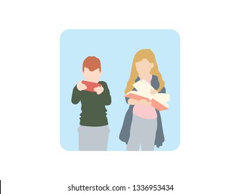 Kids using technology and reading a book isolated drawing, vector illustration design. Education collection.