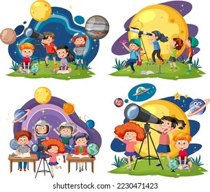 Niños que utilizan la ilustración de la colección de telescopios