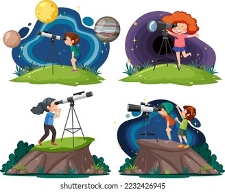 Niños que utilizan la ilustración de la colección de telescopios