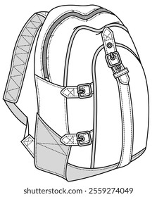 Kids utility backpack flat sketch vector illustration technical cad drawing template