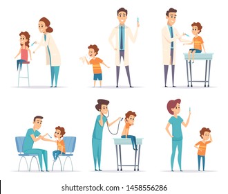 Kids vaccinating. Doctor gives injection to childrens medical healthcare vector concept cartoon illustrations. Injection for healthcare, medical immunization