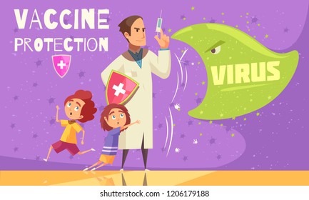 Kids vaccination against virus infections for effective disease prevention health care promotion cartoon ad poster vector illustration