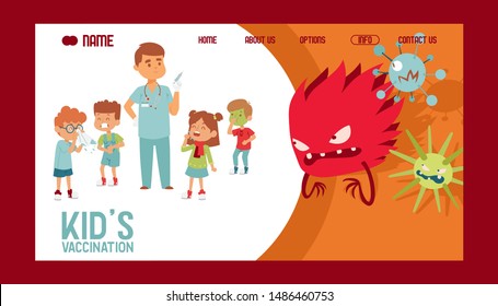 Kids vaccination banner website design. Sick children attacked by microbes vector illustration. Collection of cartoon viruses. Bad microorganisms for children. Disgusting bacteria.