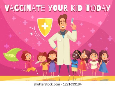 Kids Vaccination Benefits Promotion Poster With Child Health Protection Shield Symbol Doctor With Syringe   Cartoon Vector Illustration