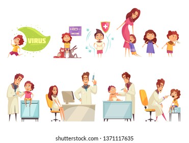 Kids vaccination decorative icons set with doctors and parents who bring their kids to receiving vaccine flat vector illustration