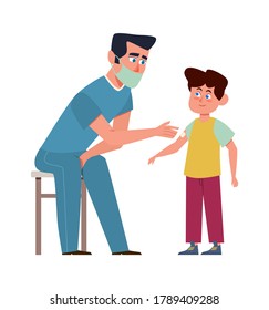 Kids vaccination. Doctor in medical mask and child, children clinic, preventing infections and building immunity, protection from disease vector isolated cartoon medical concept