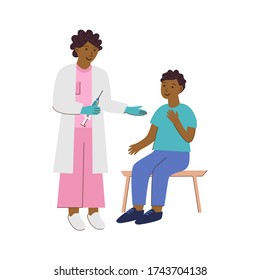 Kids Vaccination And Immunization Against Flu And Other Disease. Doctor Pediatrician And Teen African Boy Healthcare Concept. Vector Illustration In Flat Style Isolated On White Background