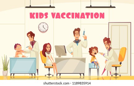 Kids vaccination poster illustrated how medical staff vaccinates young patients in clinic flat vector illustration Kids vaccination poster illustrated how medical staff vaccinates young patients in clinic flat vector illustration