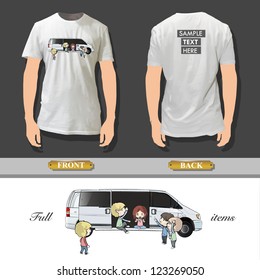 Kids in van printed on white shirt. Vector design.