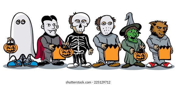 kids in various costumes with bags of candy