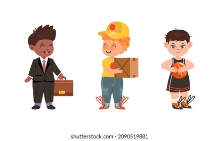 Kids of various professions set. Businessman, courier, basketball player cartoon vector illustration