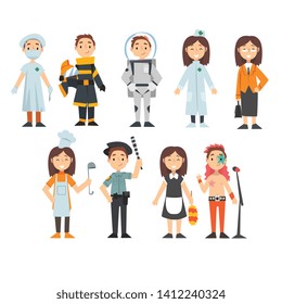 Kids of Various Professions Set, Doctor, Firefighter, Astronaut, Businesswoman, Chef Cook, Police Officer, Maid, Singer, Kids Dreaming of Future Profession Vector Illustration