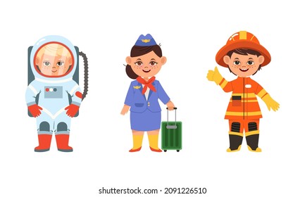 Kids Of Various Professions Set. Firefighter, Astronaut, Stewardess Cartoon Vector Illustration