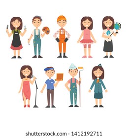 Kids Of Various Professions Set, Hairdresser, Painter, Construction Worker, Dancer, Teacher, Singer, Pizza Delivery Boy, Artist, Stewardess, Kids Dreaming Of Future Profession Vector Illustration