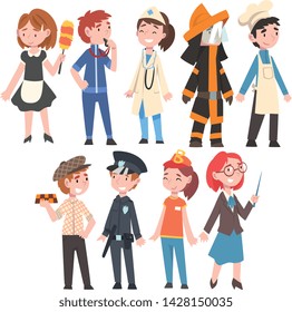 Kids of Various Professions Set, Maid, Coach, Doctor, Firefighter, Chef, Taxi Driver, Policeman, Fast Food Seller, Teacher Construction Worker Vector Illustration