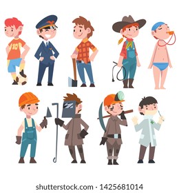 Kids of Various Professions Set, Soccer Player, Woodcutter, Cowboy, Pilot, Doctor, Swimming Coach, Welder, Miner, Construction Worker Vector Illustration