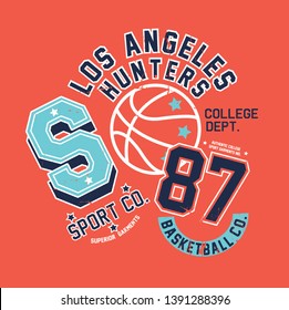 kids varsity style tee print design with basketball ball drawn as vector