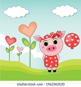 Kids vector background. Cute cartoon piggy girl with balloon. Perfect for cards, party invitations, posters, stickers, clothing.