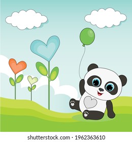 Kids vector background. Cute cartoon panda with balloon. Perfect for cards, party invitations, posters, stickers, clothing.