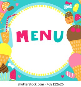 Kids Vector Border with Delicious Ice Cream Cupcakes Strawberry and Orange with Inscription Vertical Seamless for Kids Menu