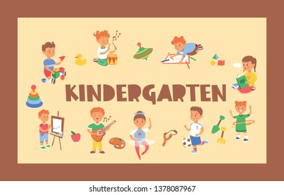 Kids vector cartoon girl boy characters children playing music on guitar and kids painting studying at kindergarten backdrop illustration childish playroom background.