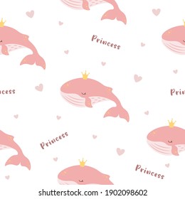 Kids vector cartoon seamless pattern with a cute pink dreamy baby whale in a crown. Little princess. Flat style. Baby shower girl. Digital paper for kids. Children illustration in pastel colors.