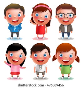 Kids vector characters boys and girls set with happy smile and different outfits and hairstyle isolated in white background. Vector illustration.
