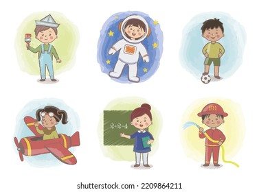 Kids Vector Characters Collection. Painter, astronaut, sportsman, pilot, teacher and fireman. Young kids boys and girls of different professions set. Cute kids in various professions set. Hand drawn.