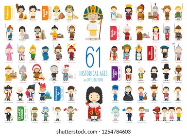 Kids Vector Characters Collection: Set of 61 Historical Ages and Civilizations in cartoon style.