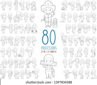 Kids Vector Characters Collection: Set of 80 different professions for coloring in cartoon style.