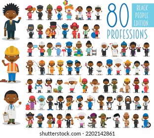 Kids Vector Characters Collection: Set of 80 different professions in cartoon style. Black or African American characters.