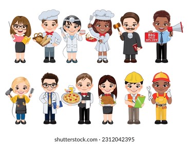 Kids Vector Characters Collection with Set of 12 Different Professions or Occupation in Flat icon Style