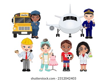 Colección de personajes vectores para niños con conjunto de 6 profesiones diferentes u ocupación en estilo de icono plano