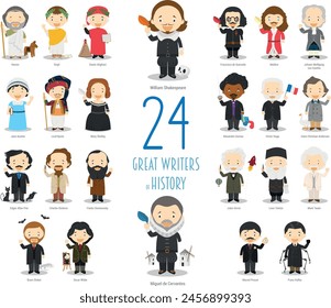 Kids Vector Characters Collection: Set of 24 great writers of History in cartoon style.